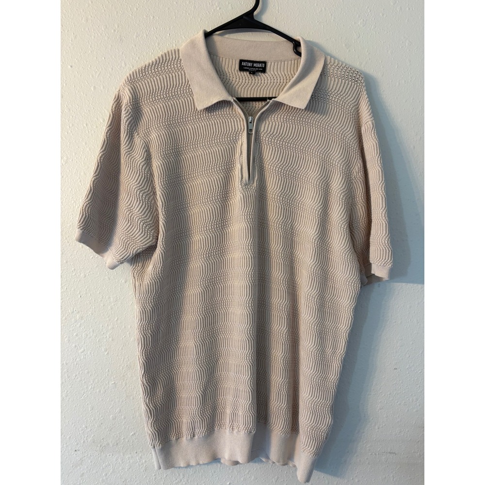 Antony Morato Mens Beige Textured Knit Quarter Zip Polo Shirt Combed Cotton L